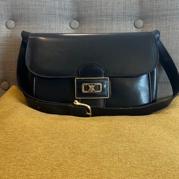Celine Handbags - Vintage Celine Triomphe Flap Box Bag in Midnight gold hardware